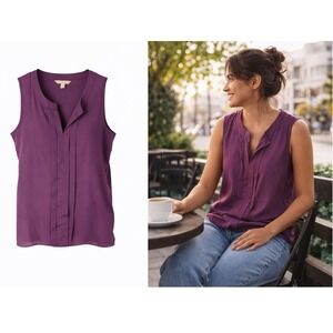 Banana Republic Sleeveless Purple‎ Pleated V Neck Top Women's Size Small